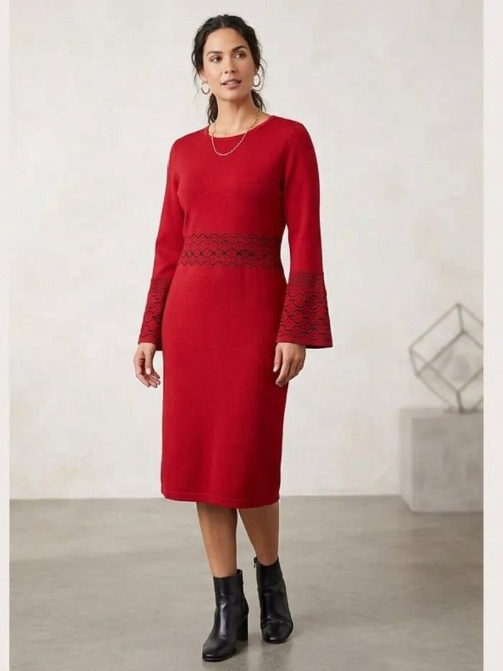 Nina Leonard Women Size XL Red Scalloped Jewel Neck Bell Sleeve Knit Dress Chic